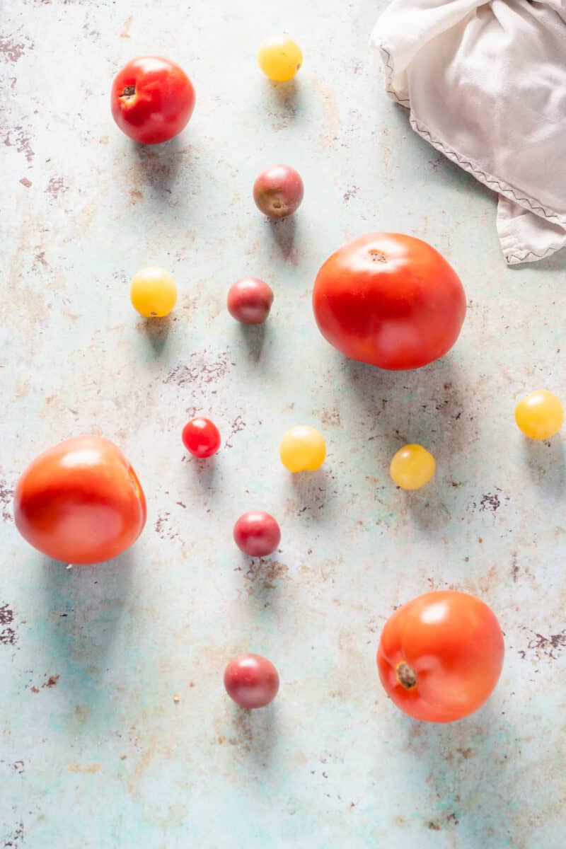 Beefsteak tomatoes, yellow cherry tomatoes, and purple cherry tomatoes scattered on a counter