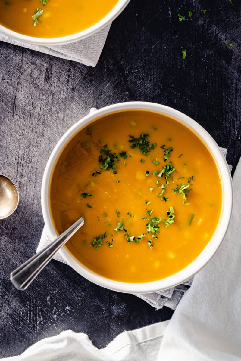 Close up of corn, jalapeno, and sweet potato bisque