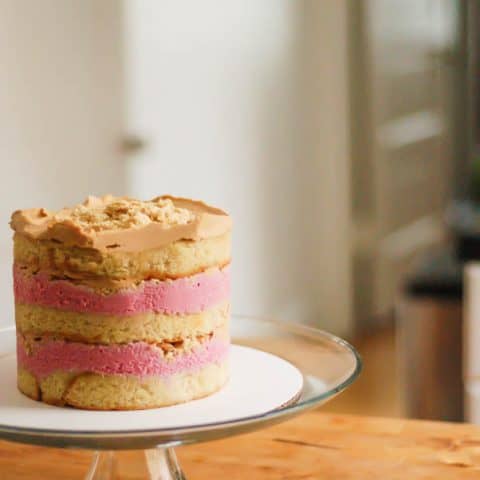 Brown Butter Cake with Cranberry Curd, Orange Cardamom Crumbs, and Biscoff Frosting (a la Momofuku Milk Bar)-image