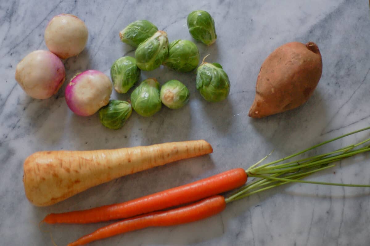 Turnips, Brussels sprouts, sweet potato, carrots, parsnip