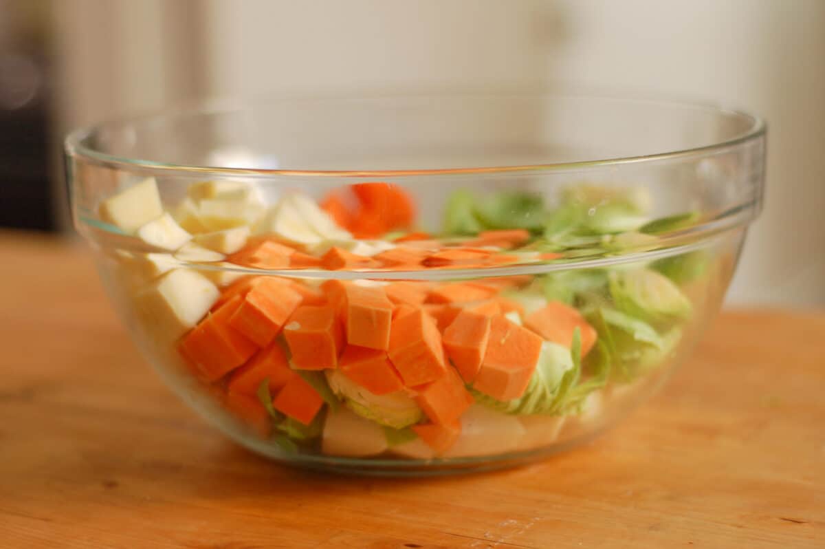 Bowl of chopped root vegetables