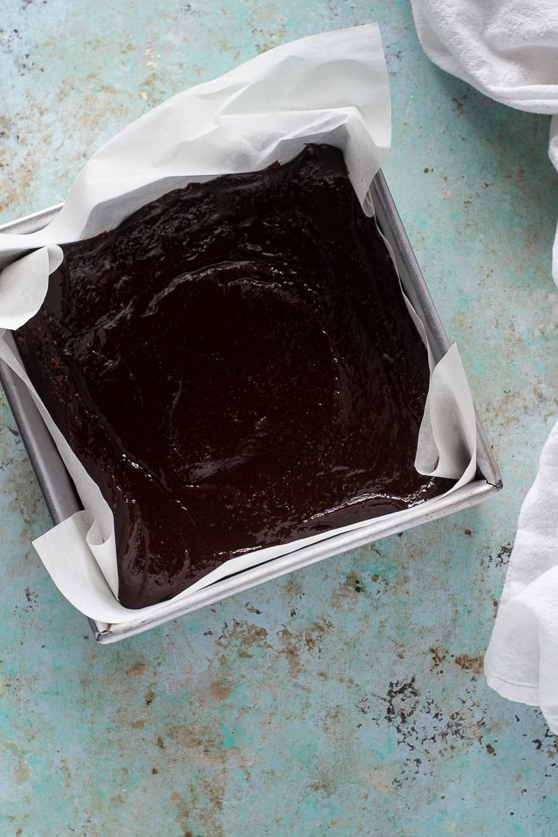 Brownie batter in the pan