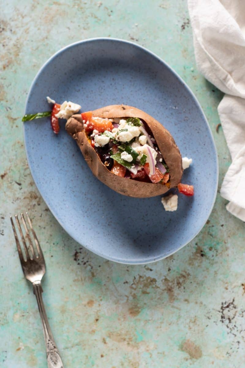 Baked Sweet Potatoes with Marinated Feta