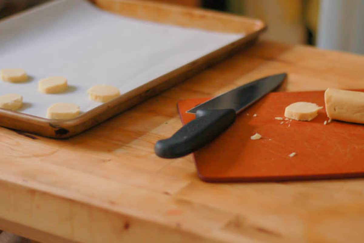 Sliced cookie dough on a baking sheet