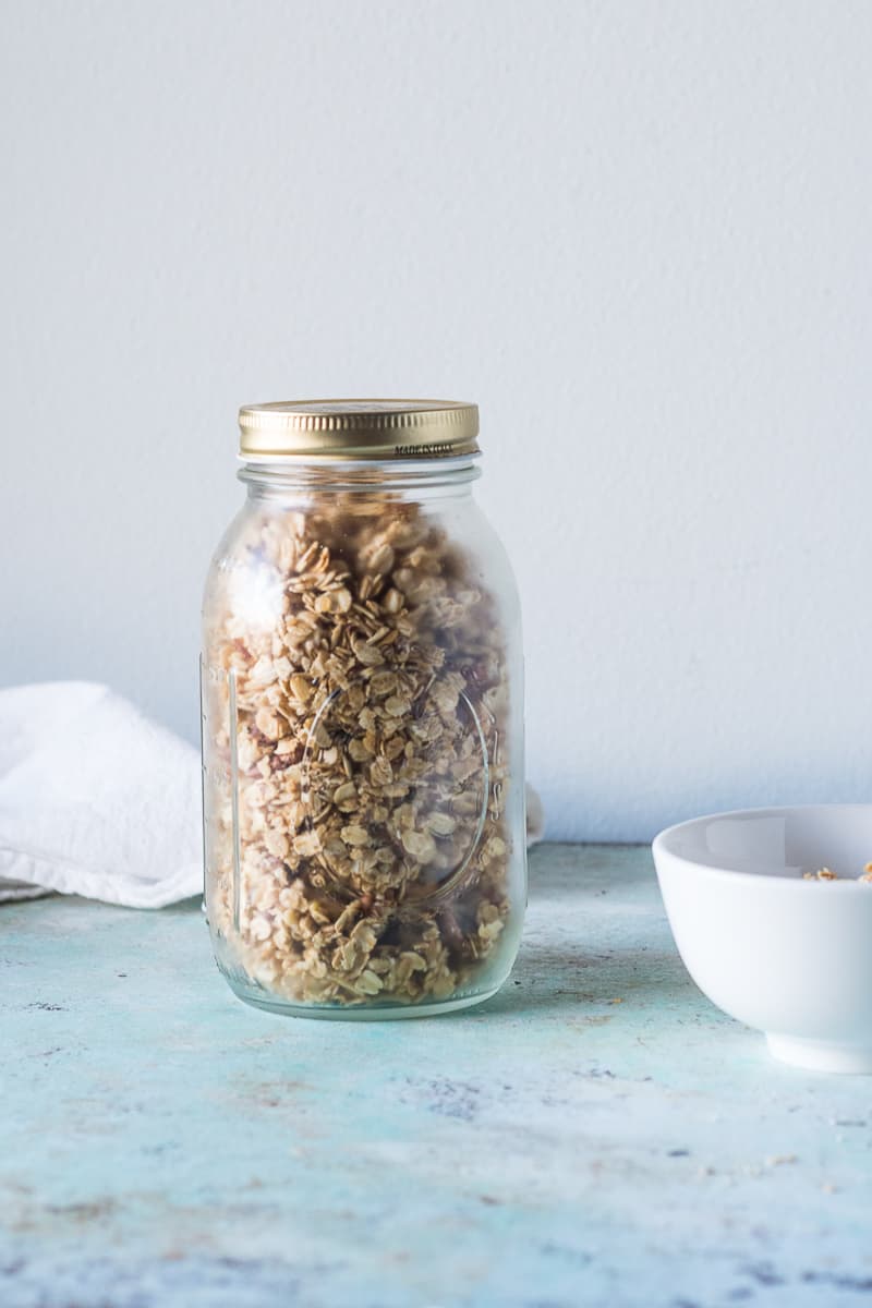 Maple Nut Granola in a jar, vertical shot