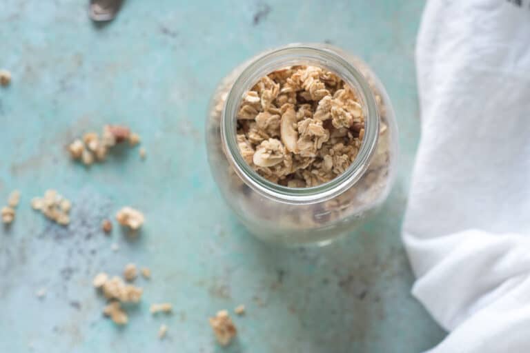 Maple Nut Granola in a jar, overhead shot