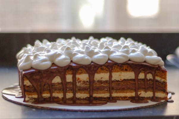 S'mores Cake with Graham Cracker Cake, Marshmallow Mousse, Bittersweet Chocolate Ganache, and Toasted Marshmallow Meringue Frosting. From Blossom To Stem | Because Delicious www.blossomtostem.net