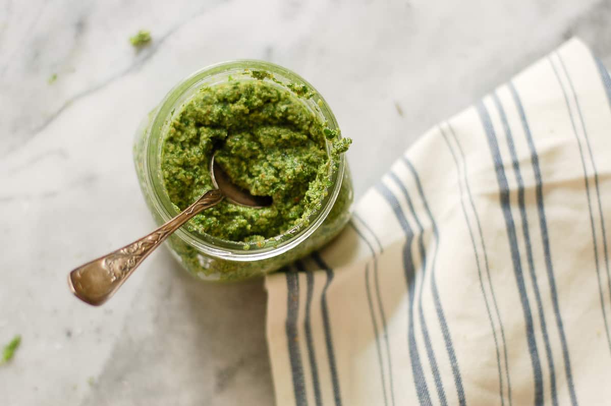 Dill, Parsley, Walnut PEsto overhead in a jar