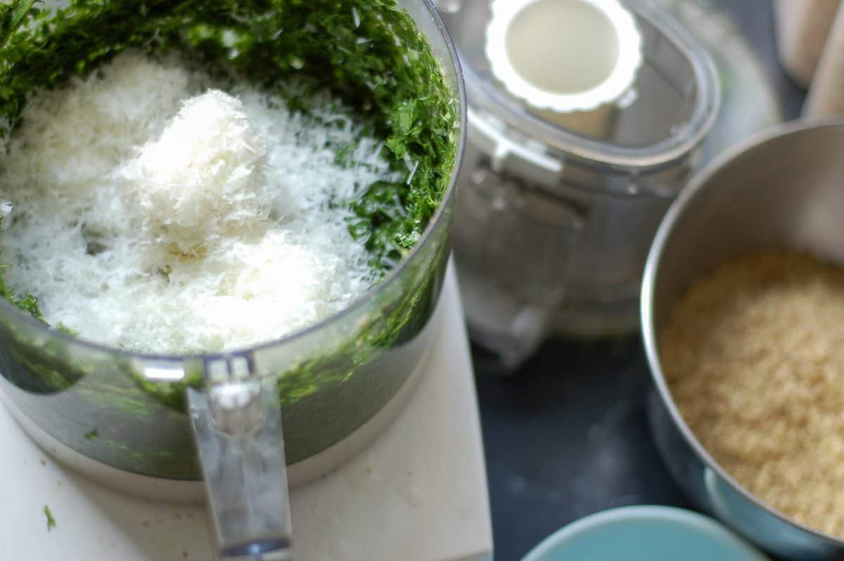 Pecorino romano added to food processor