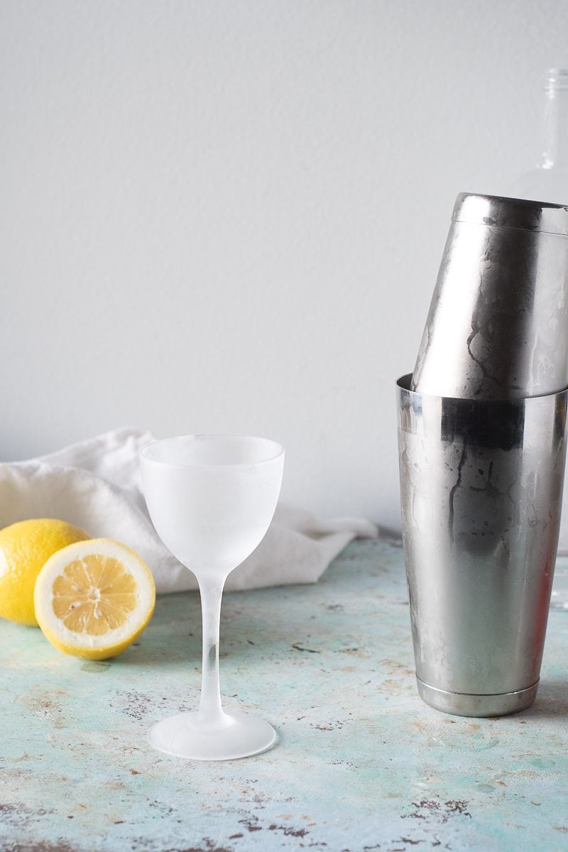 Chilled glass and frosty cocktail shaker