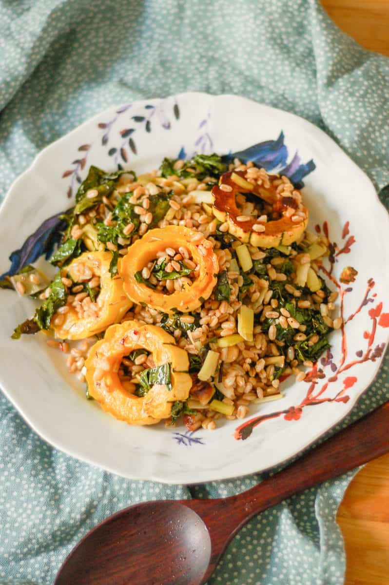 Roasted Delicata Squash with Farro Leeks and Kale