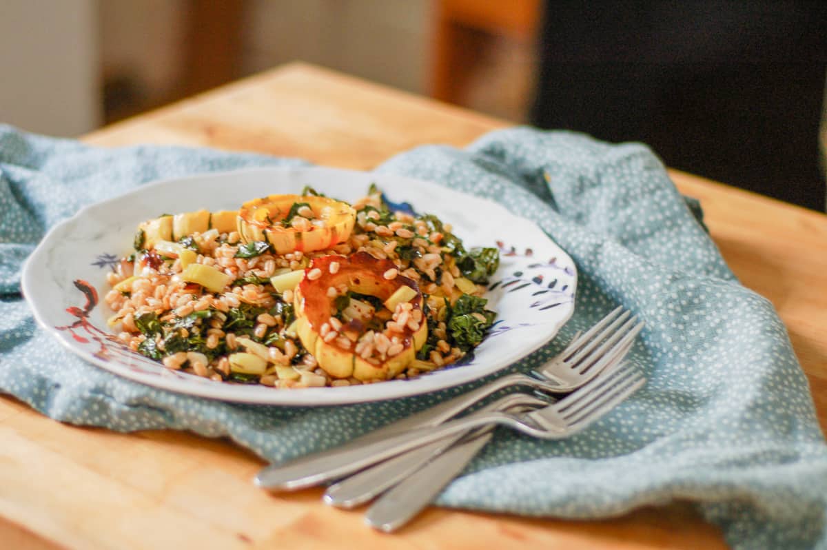 Roasted Delicata Squash with Farro Leeks and Kale