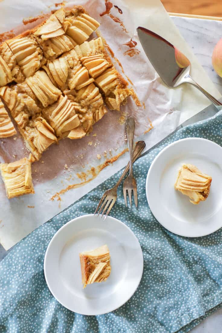 Brown Butter Apple Bars, sliced, with two bars on plates