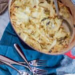 Savoy Cabbage Gratin in a red Dutch oven overhead view