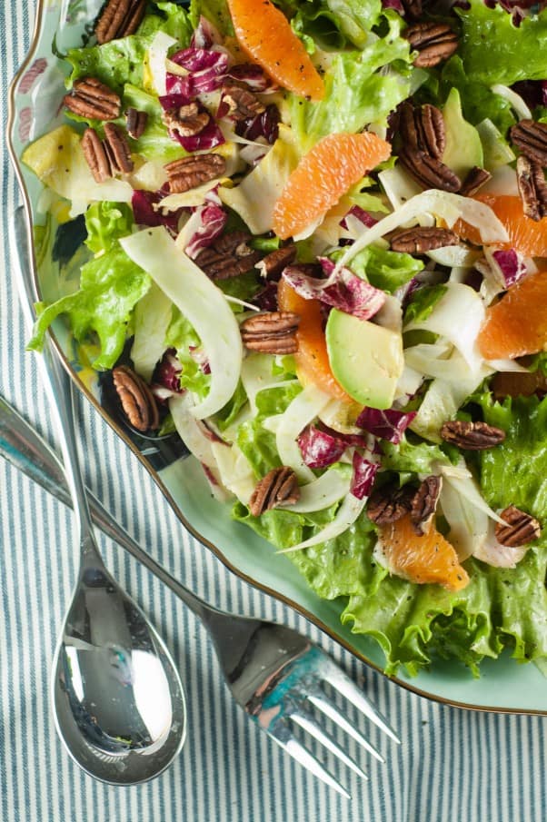 Citrus Avocado Salad with Cara Cara Oranges, Shaved Fennel, Avocado, Escarole, Endive and Radicchio. A refreshing, colorful, and delicious salad. From Blossom to Stem | Because Delicious www.blossomtostem.net #glutenfree #vegan #vegetarian