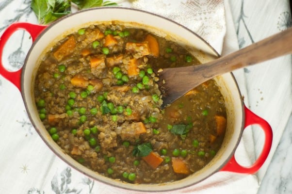 Sweet Potato, Red Lentil, and Green Pea Curry. A simple, warming Indian dish. Perfect for cold days. From Blossom to Stem | Because Delicious www.blossomtostem.net #glutenfree #vegetarian #vegan