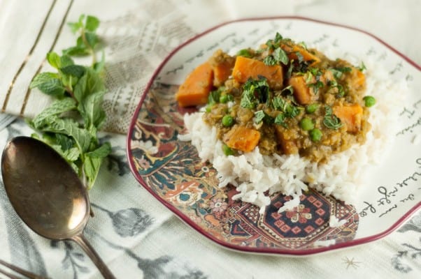 Sweet Potato, Red Lentil, and Green Pea Curry. A simple, warming Indian dish. Perfect for cold days. From Blossom to Stem | Because Delicious www.blossomtostem.net #glutenfree #vegetarian #vegan