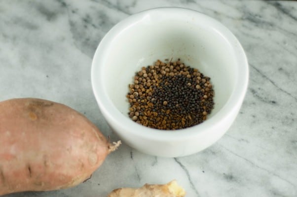 Sweet Potato, Red Lentil, and Green Pea Curry. A simple, warming Indian dish. Perfect for cold days. From Blossom to Stem | Because Delicious www.blossomtostem.net #glutenfree #vegetarian #vegan