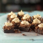 Peanut Butter Crunch Brownies. Fudgy brownies with a crisp layer of chocolate-peanut-butter feuilletine topped with a swirl of salted peanut butter buttercream. Salty, sweet, crispy, creamy, delicious! From Blossom to Stem | Because Delicious www.blossomtostem.net