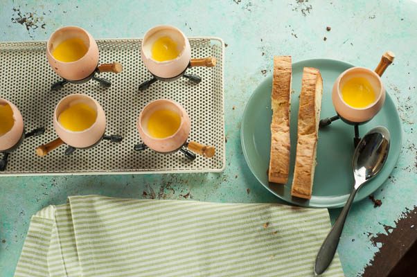 Trompe L'Oeil Eggs and Toast. Lemon pudding "eggs" with lemon curd yolks and fennel seed cake "toasts". From Blossom to Stem | Because Delicious www.blossomtostem.net