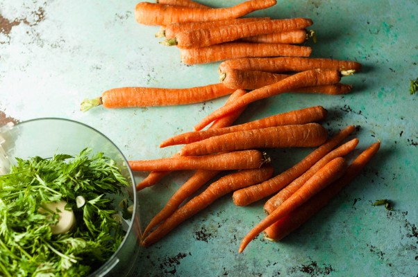 Roasted Carrots with Burrata and Carrot-Top Pesto and a Review of A Girl and Her Greens from Blossom to Stem | Because Delicious www.blossomtostem.net