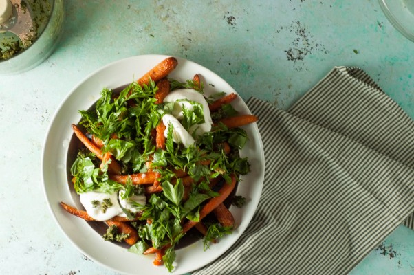 Roasted Carrots with Burrata and Carrot-Top Pesto and a Review of A Girl and Her Greens from Blossom to Stem | Because Delicious www.blossomtostem.net