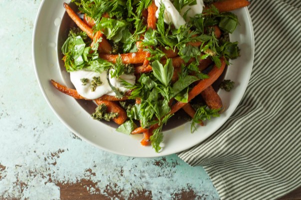 Roasted Carrots with Burrata and Carrot-Top Pesto and a Review of A Girl and Her Greens from Blossom to Stem | Because Delicious www.blossomtostem.net