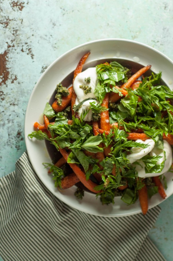 Roasted Carrots with Burrata and Carrot-Top Pesto. Almost a carrot caprese. A simple recipe with luxurious creamy burrata cheese, carrots, basil, and carrot-tops. Vegetarian, gluten free. (P.S. If you don't have access to carrots with nice tops, you can just do a basil pesto.)