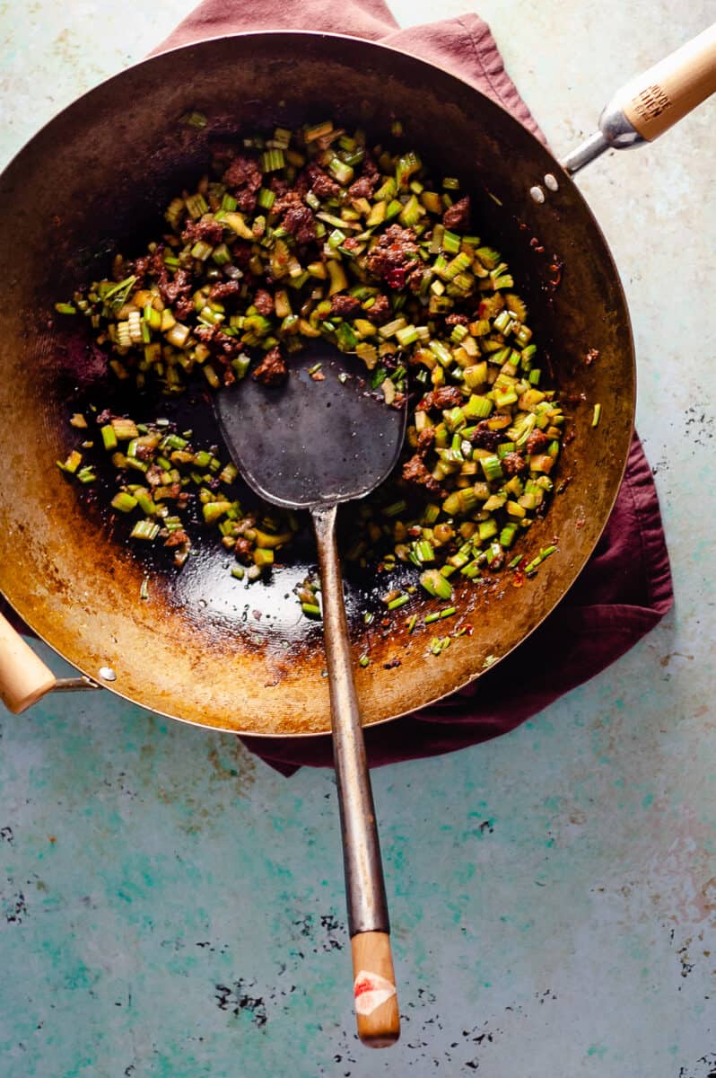 Send-the-rice-down celery and ground beef stir fry