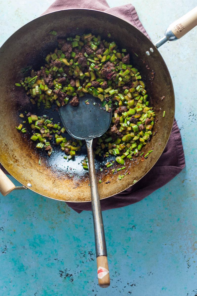 Sichuan Send-the-Rice-Down Chopped Celery with Ground Beef. From Blossom to Stem | www.blossomtostem.net