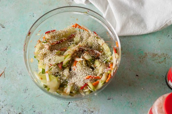 Cucumber Kimchi. Cold, crunchy, funky delicious. A fresher, quicker kimchi than the more famous cabbage version. Gluten free, dairy free. From Blossom to Stem | www.blossomtostem.net