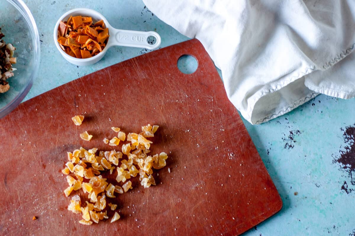 Crystallized ginger on a cutting board