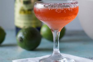 Aperol and Elderflower Margarita. A twist on the traditional margarita cocktail with reposado tequila, bright pink Aperol, elderflower liqueur, and lime.