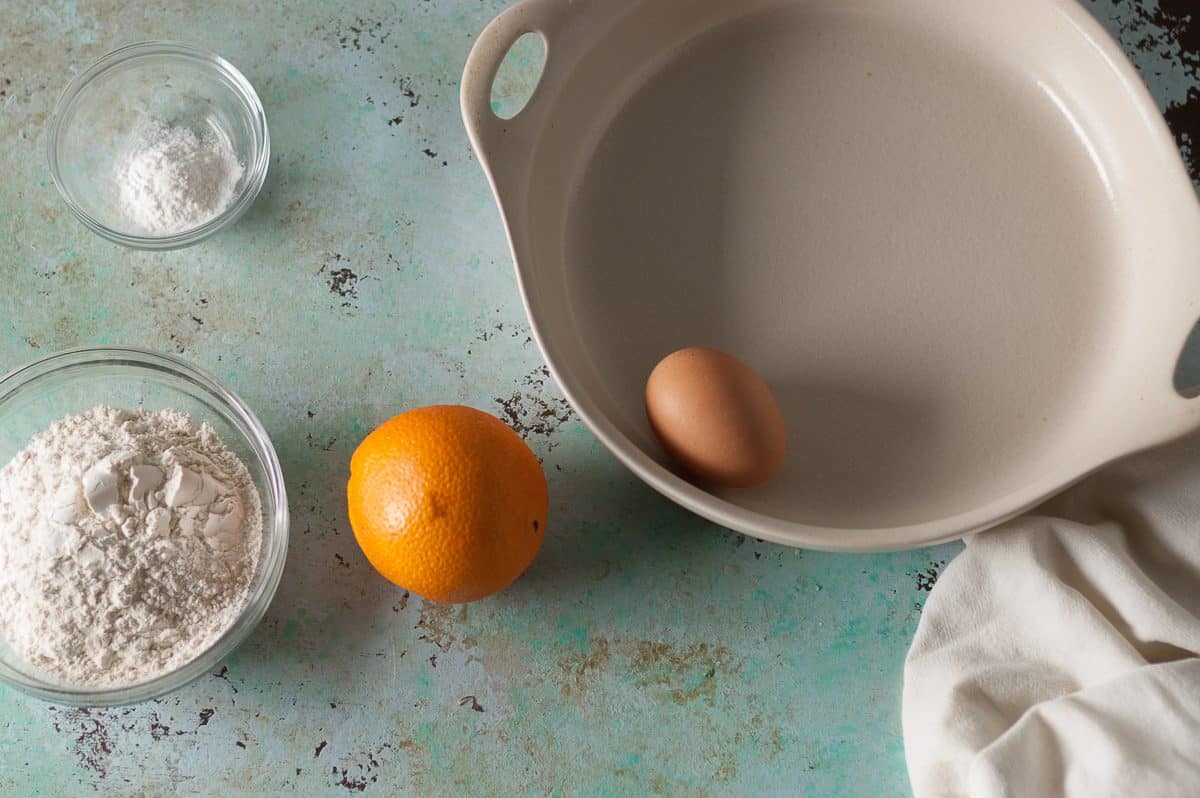 Flour, baking powder, orange, egg