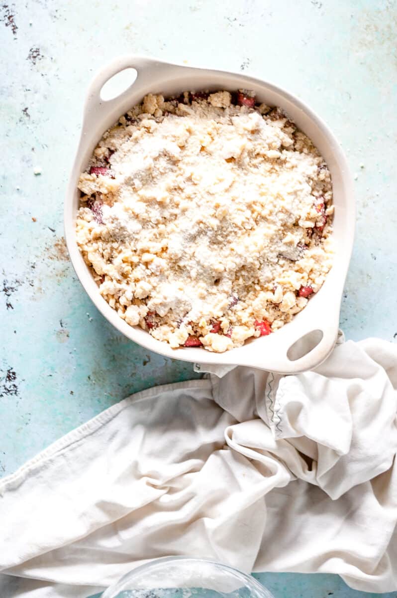 Rhubarb crumble before baking