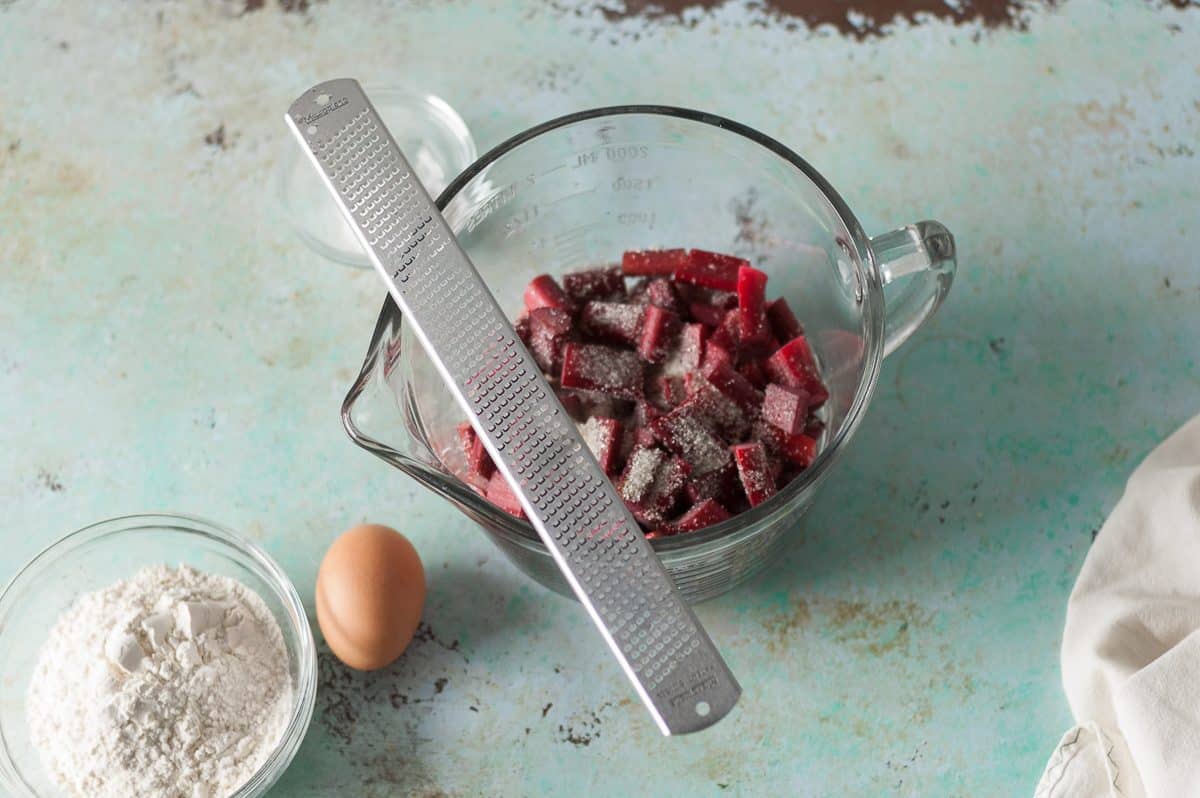 Rhubarb tossed with sugar and orange zest
