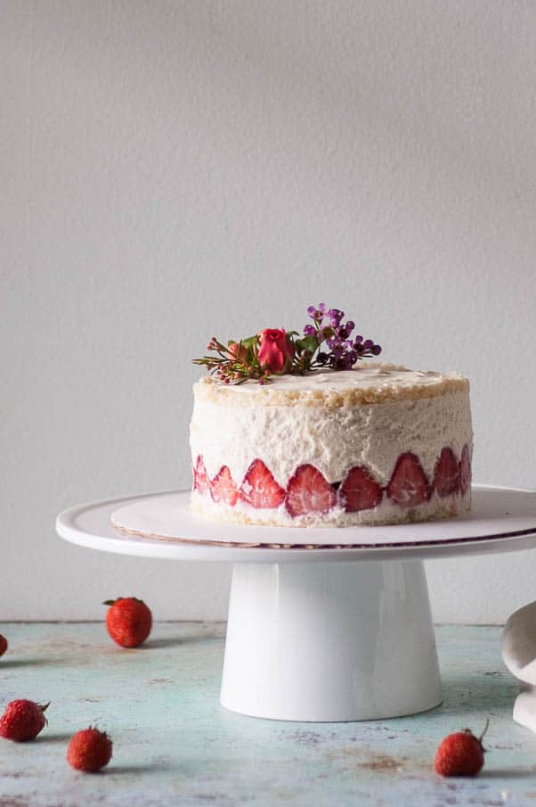 Strawberry Fraisier with Lillet Chiffon Cake and Vanilla Bean Pastry Cream. A dessert for strawberry season. From Blossom to Stem | Because Delicious | www.blossomtostem.net