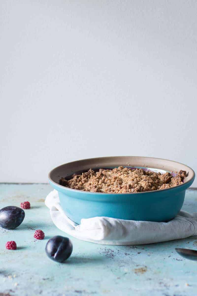 Raspberry Plum Crisp with Walnuts and Cardamom. From Blossom to Stem | Because Delicious | www.blossomtostem.net