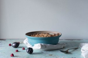 Raspberry Plum Crisp with Walnuts and Cardamom. From Blossom to Stem | Because Delicious | www.blossomtostem.net