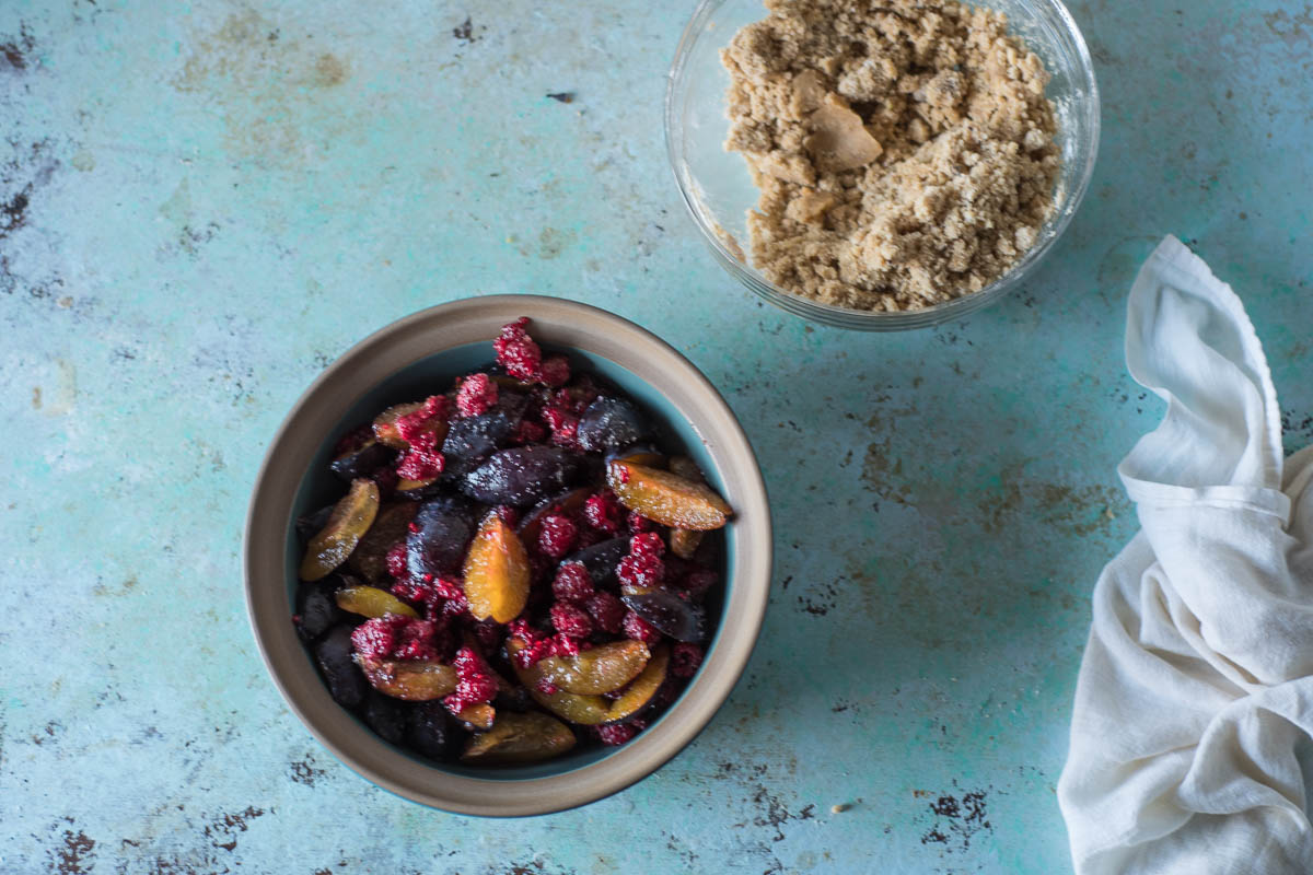 Raspberry Plum Crisp with Walnuts and Cardamom. From Blossom to Stem | Because Delicious | www.blossomtostem.net