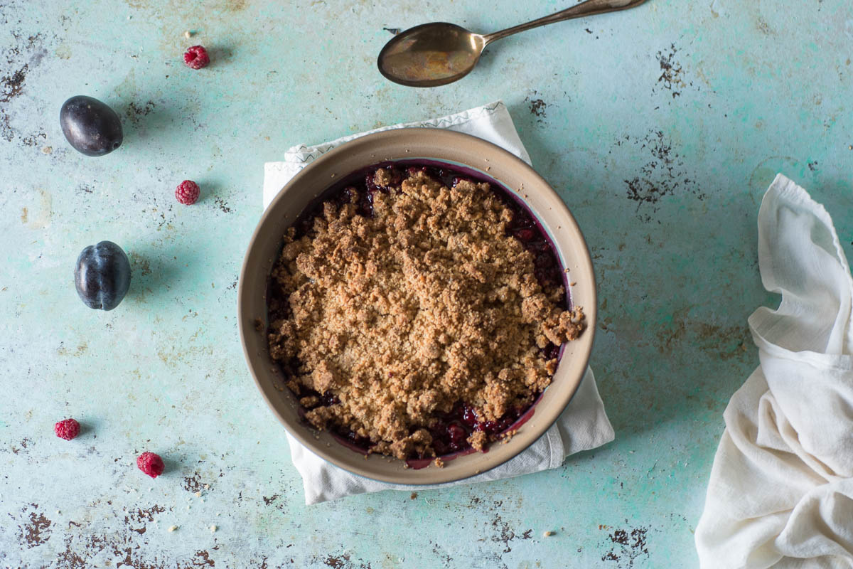 Raspberry Plum Crisp with Walnuts and Cardamom. From Blossom to Stem | Because Delicious | www.blossomtostem.net