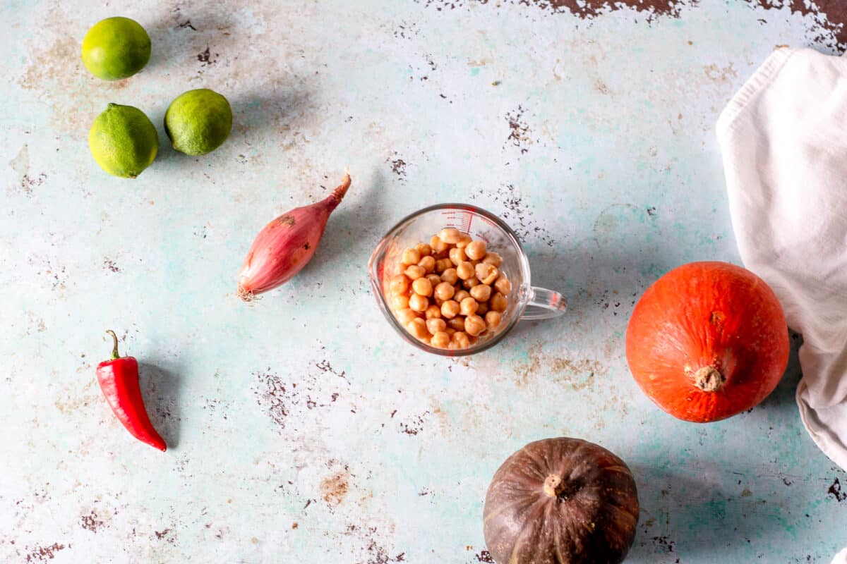 Limes, fresno chile, shallot, chickpeas, kabocha and red kuri squash