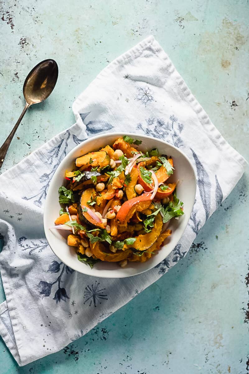 Overhead view of chile-lime squash and chickpea salad