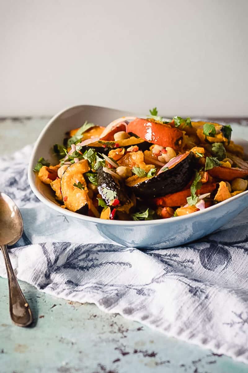 Chile-lime squash and chickpea salad in a blue bowl