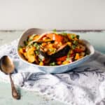 Chile-lime squash and chickpea salad in a blue bowl