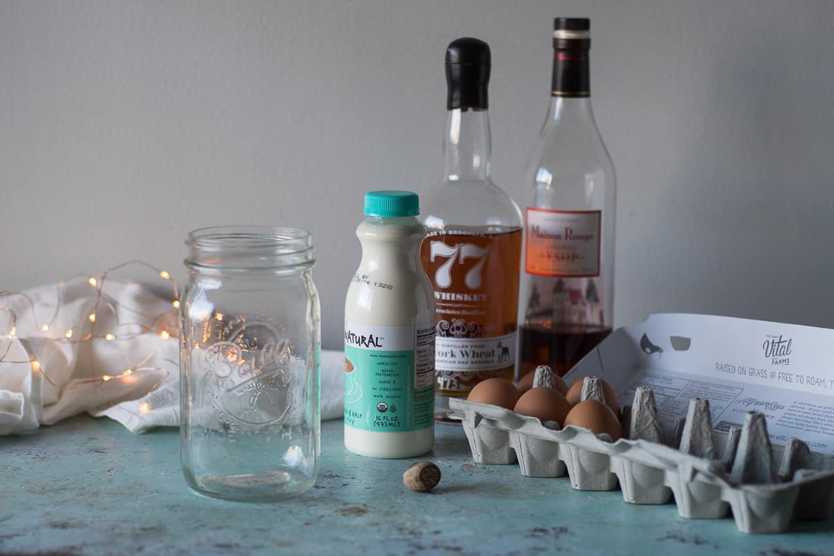 Mason jar, half and half, bourbon, brandy, eggs