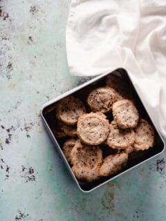 Nibby Buckwheat Cookies in a tin