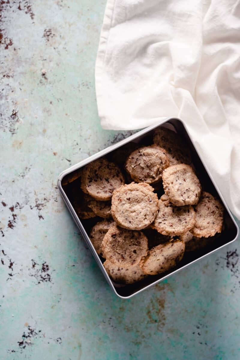 Nibby Buckwheat Cookies in a tin