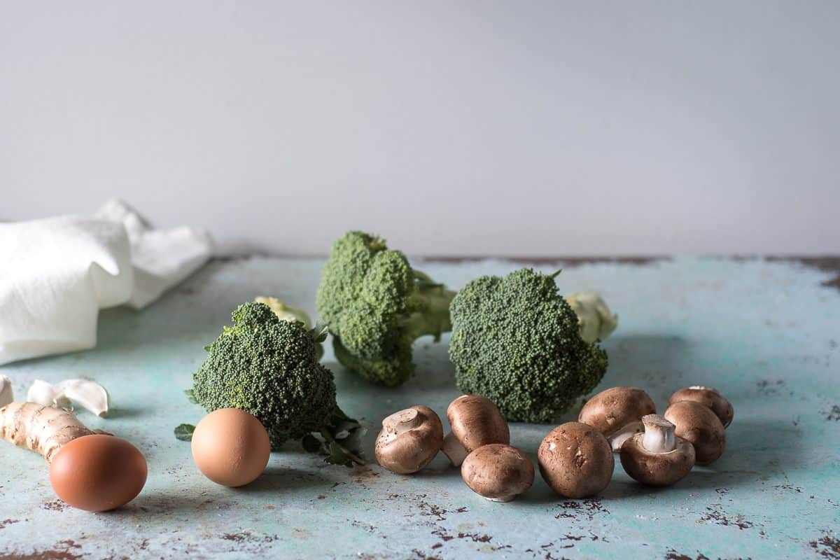 Ginger root, eggs, broccoli, and mushrooms