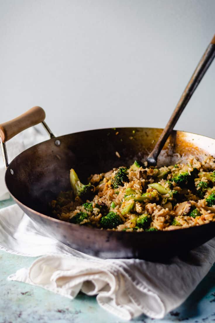 Kimchi fried rice in a wok